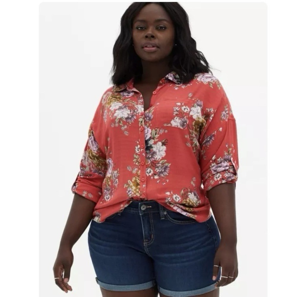 NWOT Torrid Coral Orange Floral Linen Drop Shoulder Button-Front Shirt Size 3X